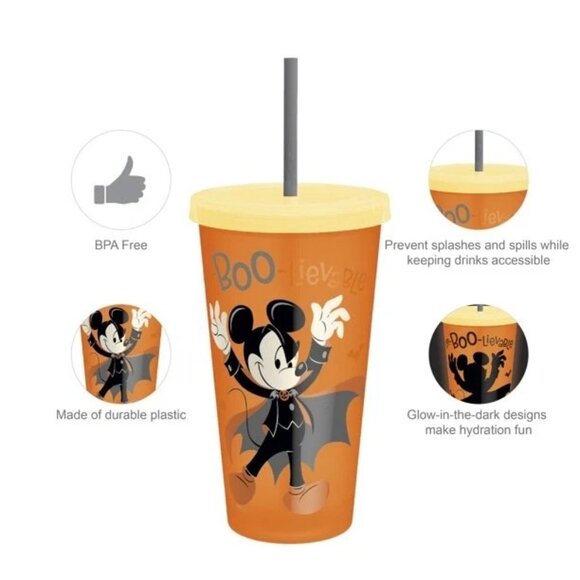 Disney Zak Halloween Cups Glow in Dark Set 4 Mickey Minnie 2 Lids Straws 2022 - Picture 2 of 14